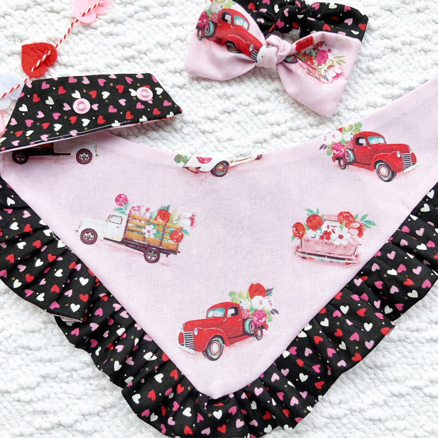 Valentine's Ruffle Dog Bandana, Flower Truck, Matching Bow
