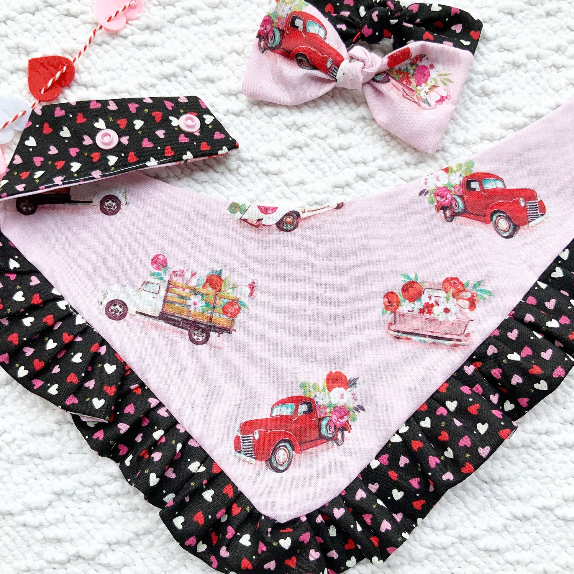 Valentine's Ruffle Dog Bandana, Flower Truck, Matching Bow