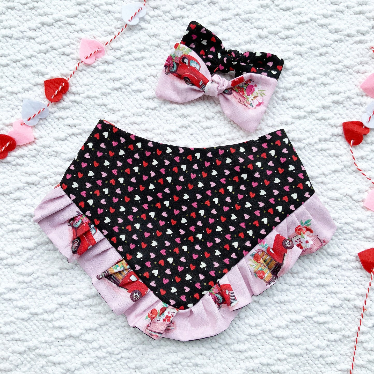 Valentine's Ruffle Dog Bandana, Flower Truck, Matching Bow
