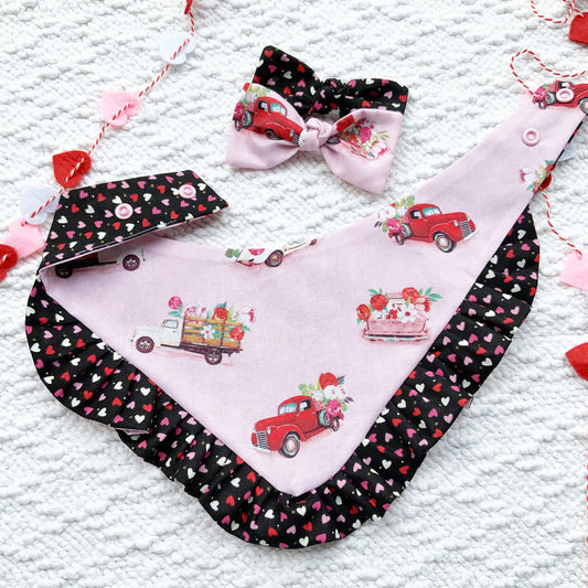 Valentine's Ruffle Dog Bandana, Flower Truck, Matching Bow