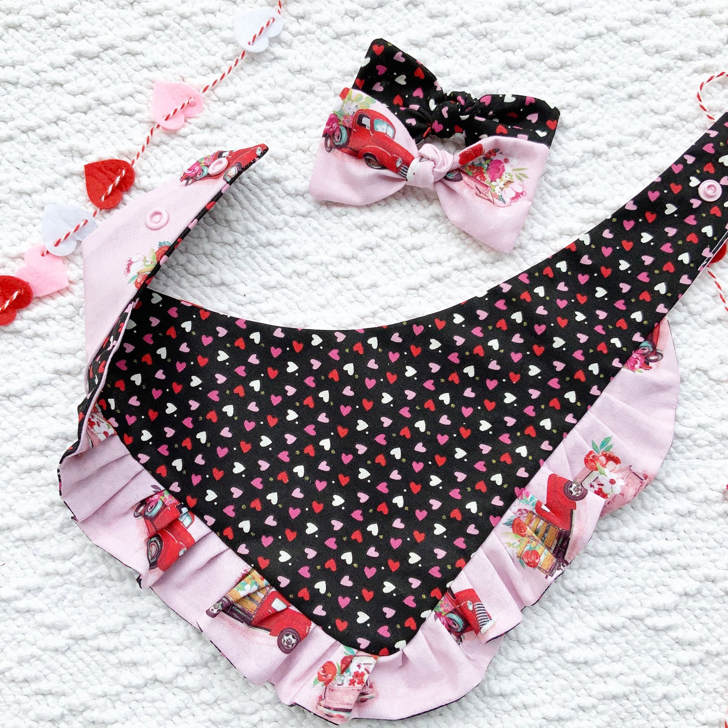 Valentine's Ruffle Dog Bandana, Flower Truck, Matching Bow