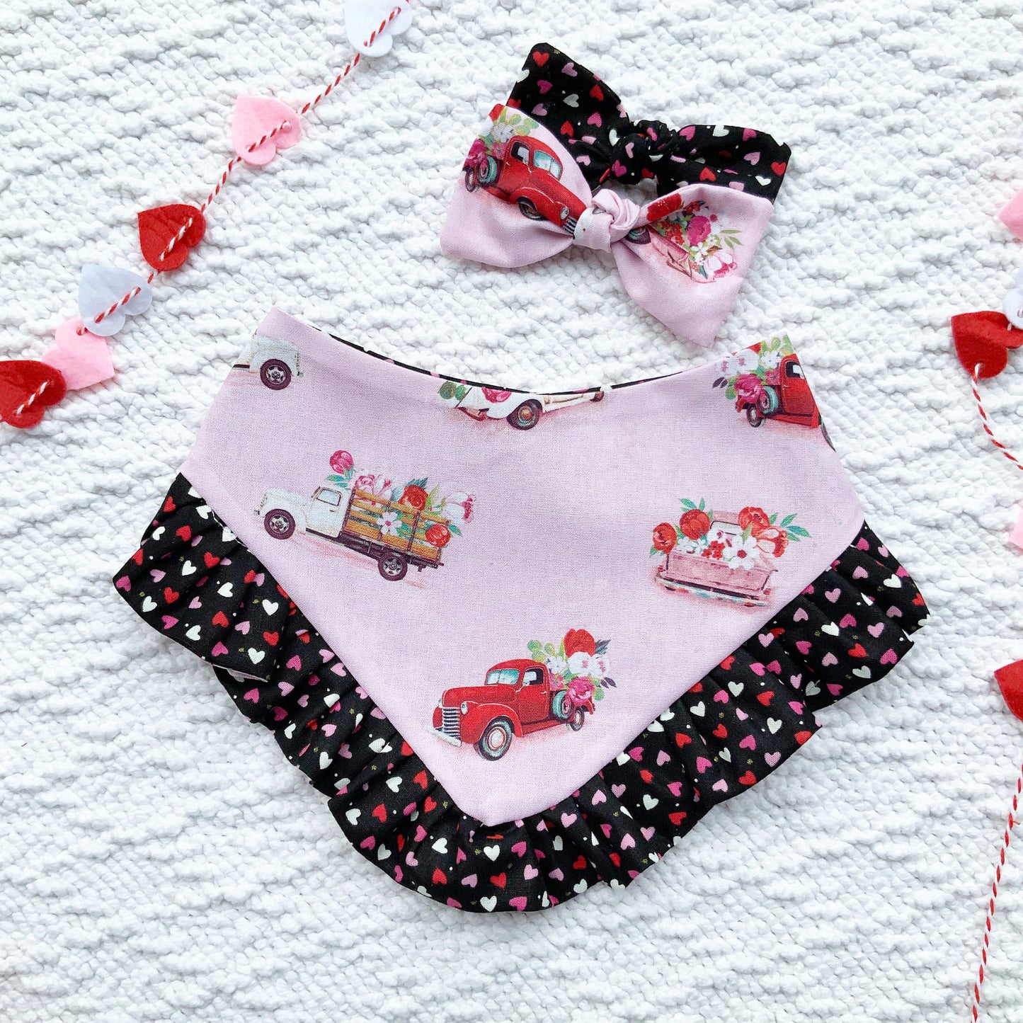 Valentine's Ruffle Dog Bandana, Flower Truck, Matching Bow
