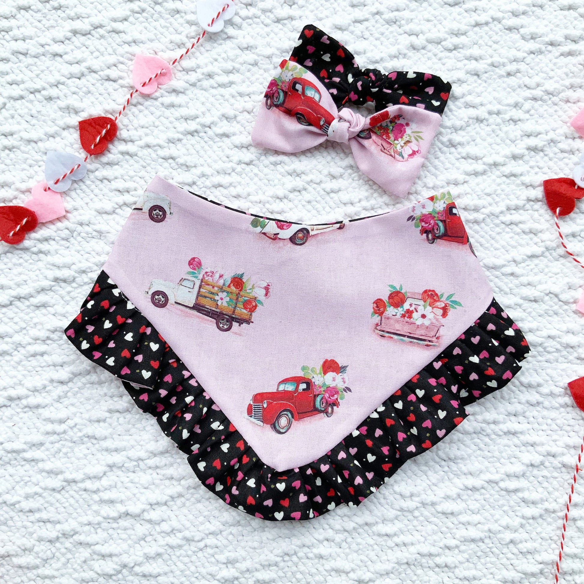 Valentine's Ruffle Dog Bandana, Flower Truck, Matching Bow