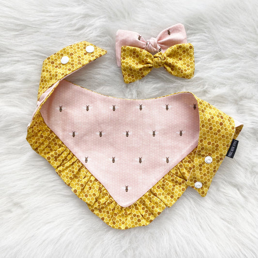 Ruffle Dog Bandana and Bow Set, Honeycomb Bee, Snap-On