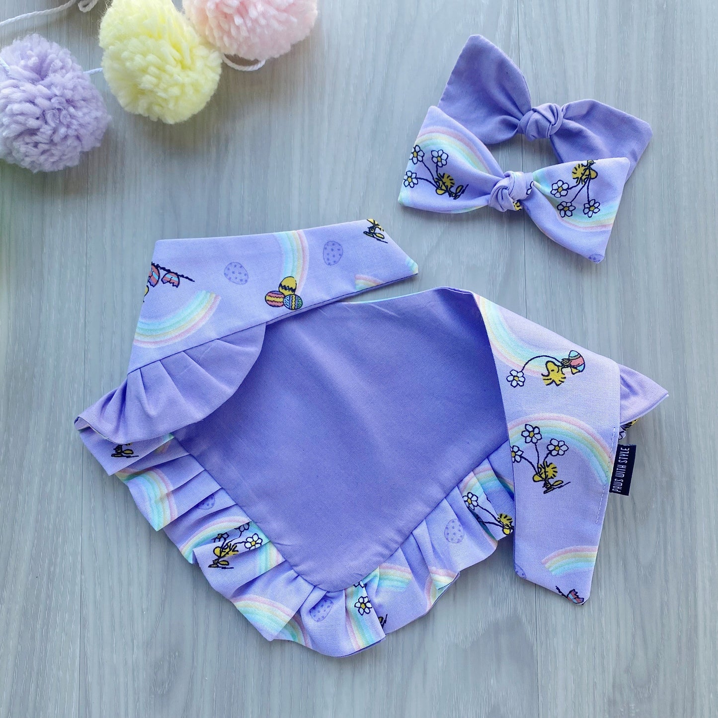 Easter Dog Bandana with Ruffles, Matching Bow, Spring Rainbow