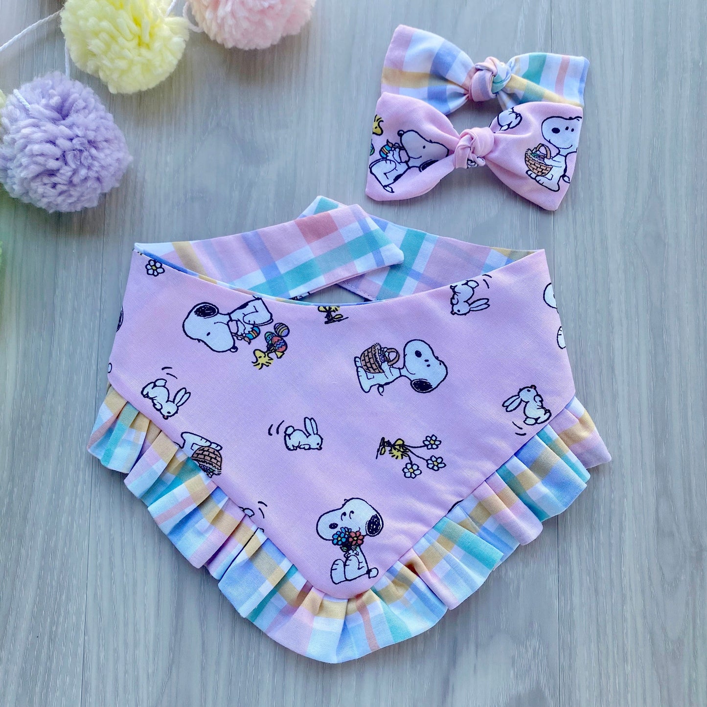 Easter Dog bandana with ruffles, Pink plaid
