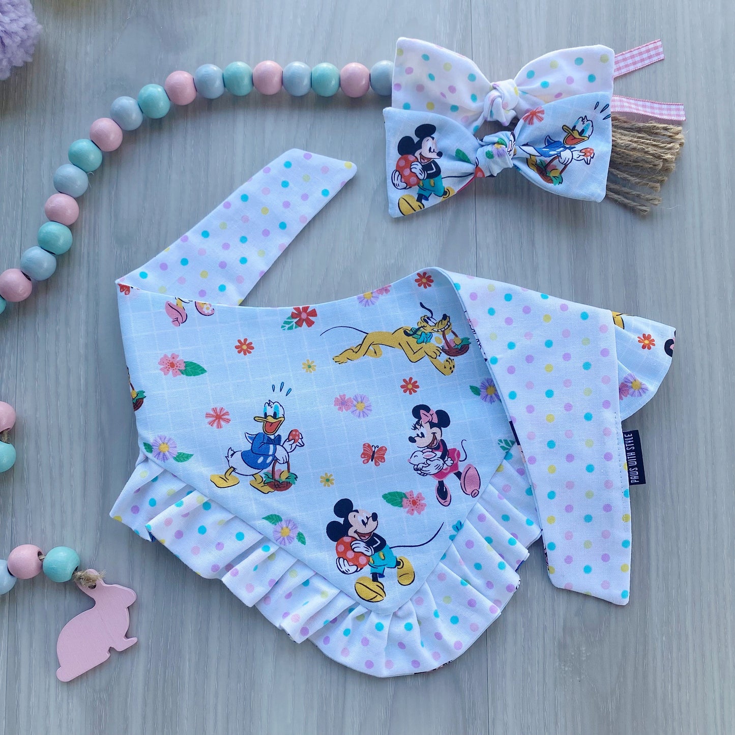 Easter Dog bandana with ruffles, flowers and friends