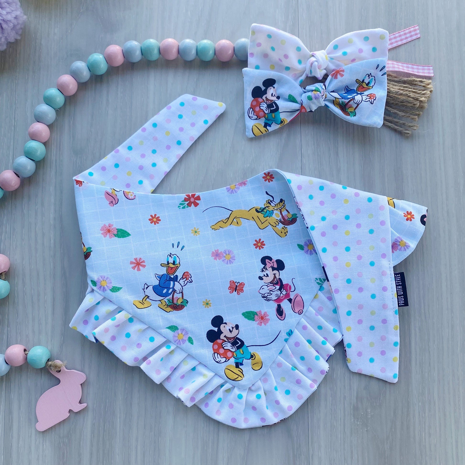 Easter Dog bandana with ruffles, flowers and friends