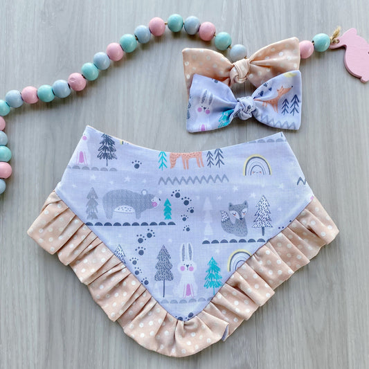 New Spring Dog bandana with ruffles, Snap on Bandana, Matching hair-bow, Bow and Bandana, Floral bandana
