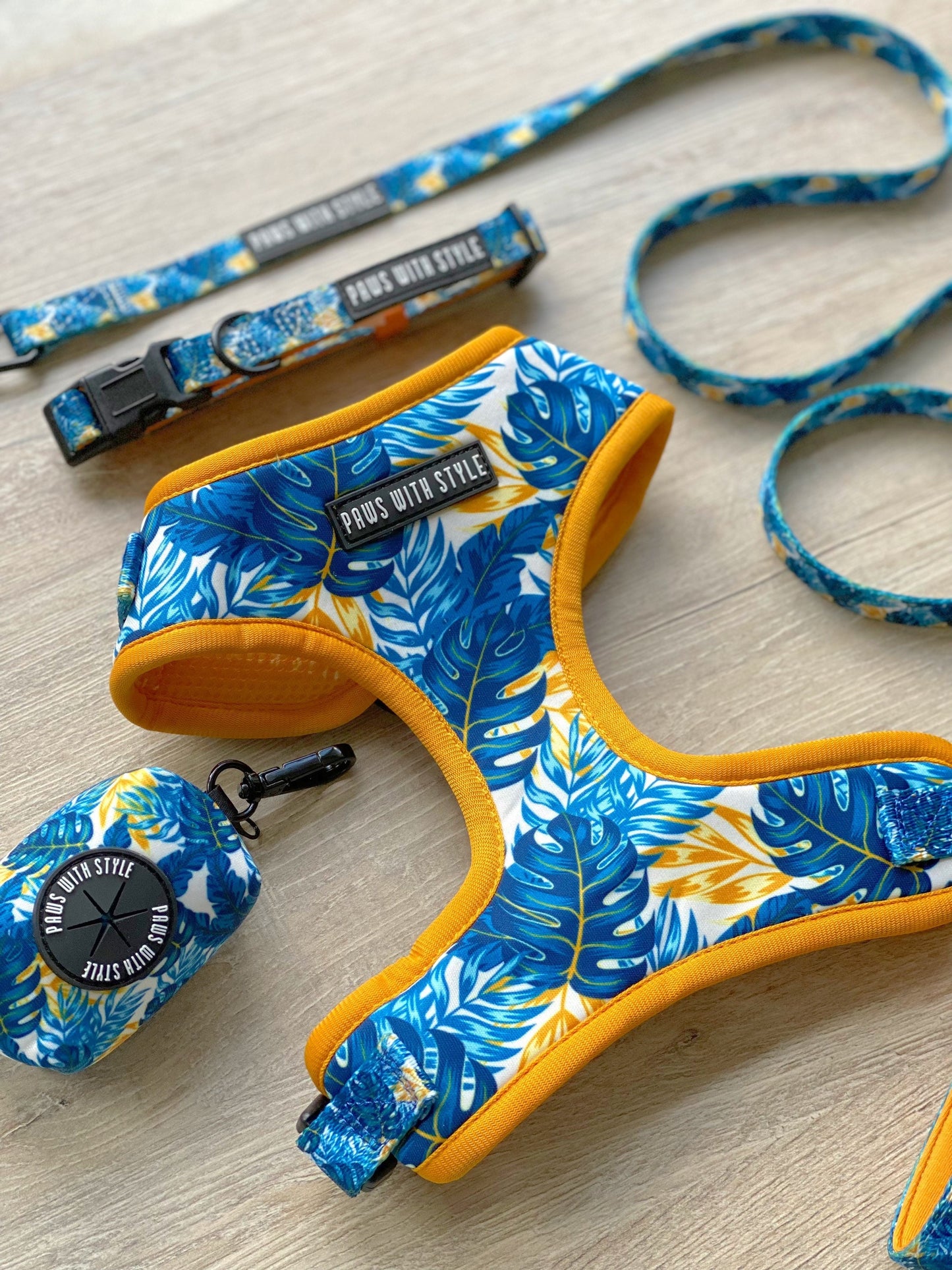 BUNDLE Set Blue Tropical Dog Adjustable Harness