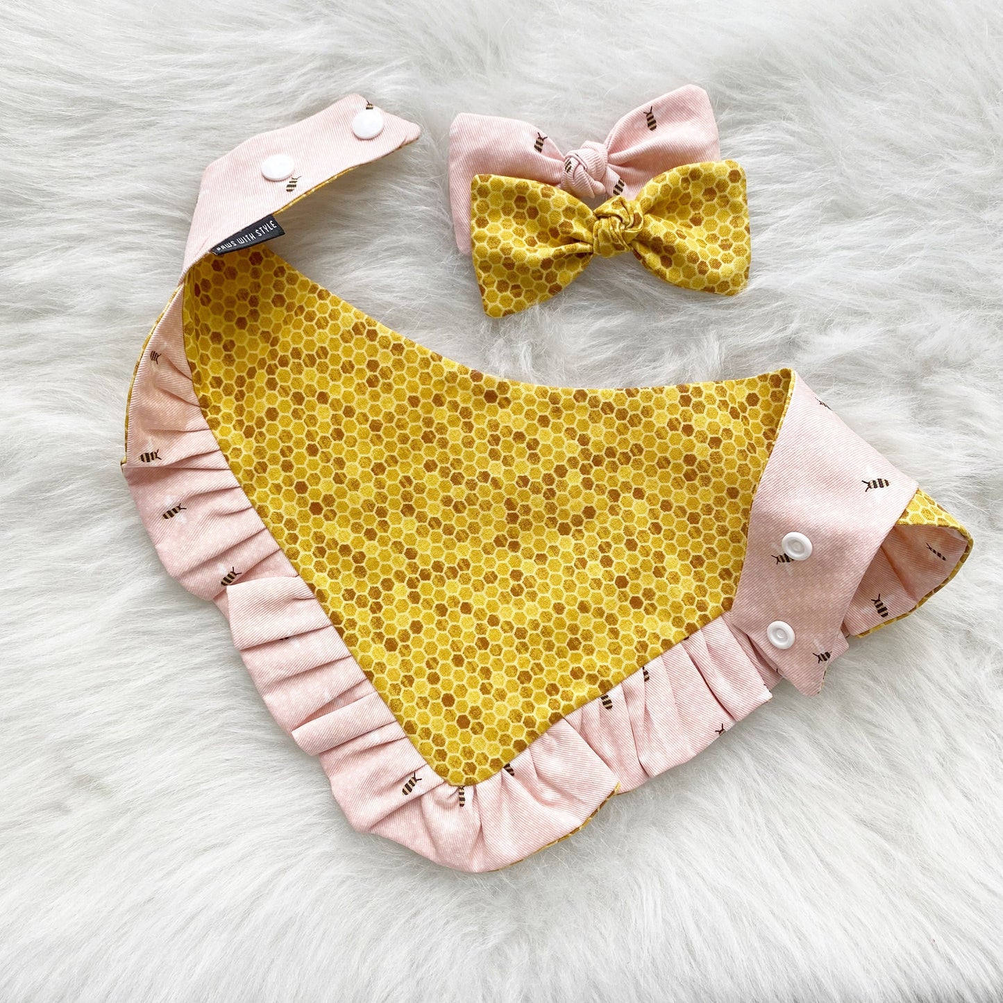 Ruffle Dog Bandana and Bow Set, Honeycomb Bee, Snap-On