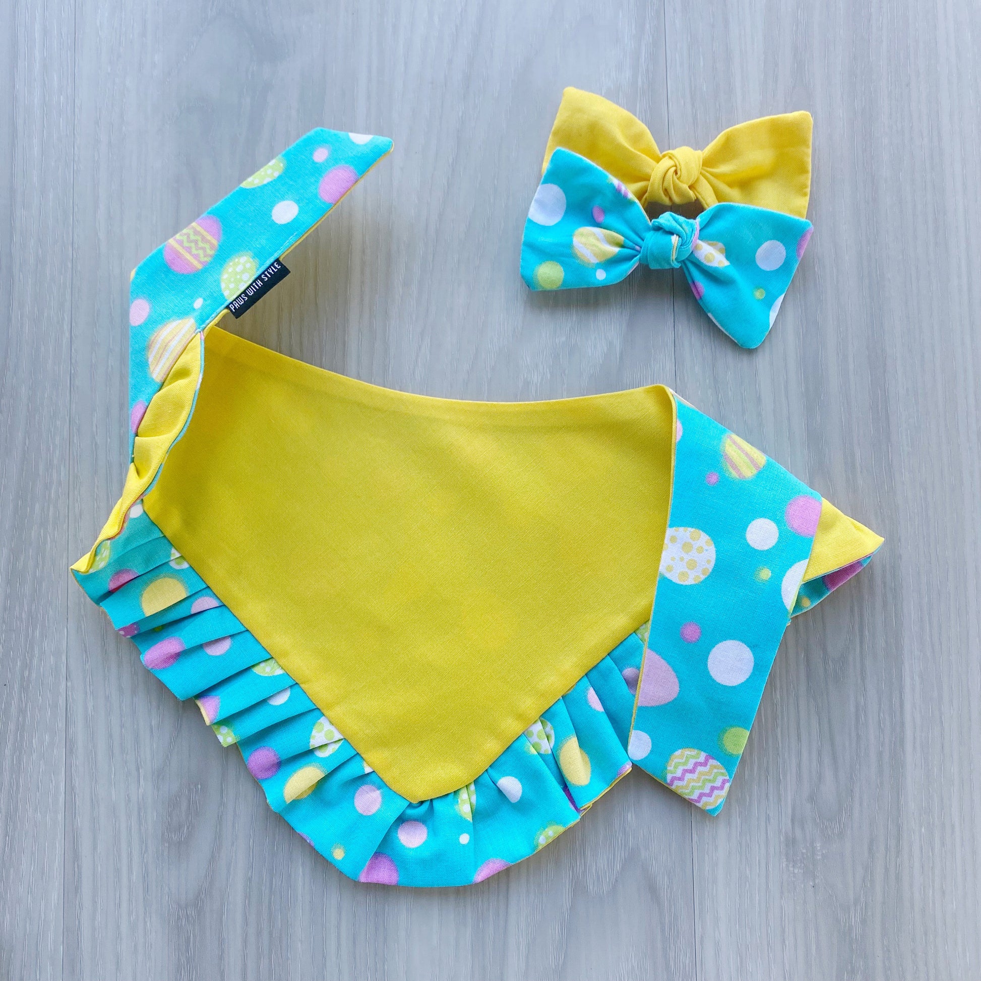 Ruffled Easter Dog Bandana, Blue Eggs, Snap On, Matching Bow