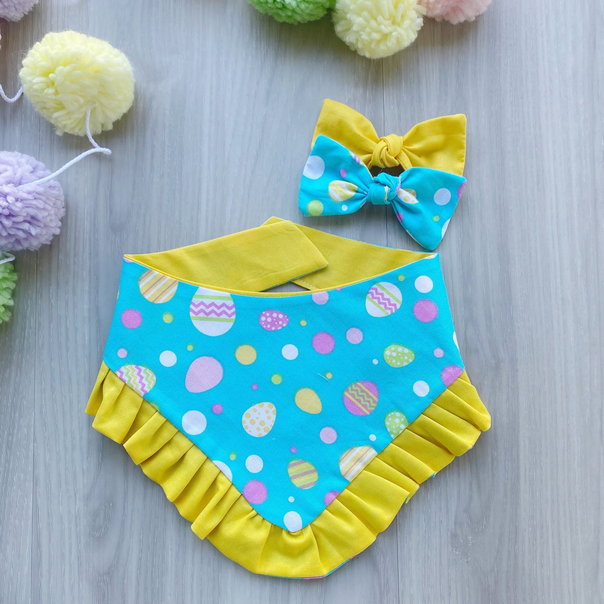 Ruffled Easter Dog Bandana, Blue Eggs, Snap On, Matching Bow
