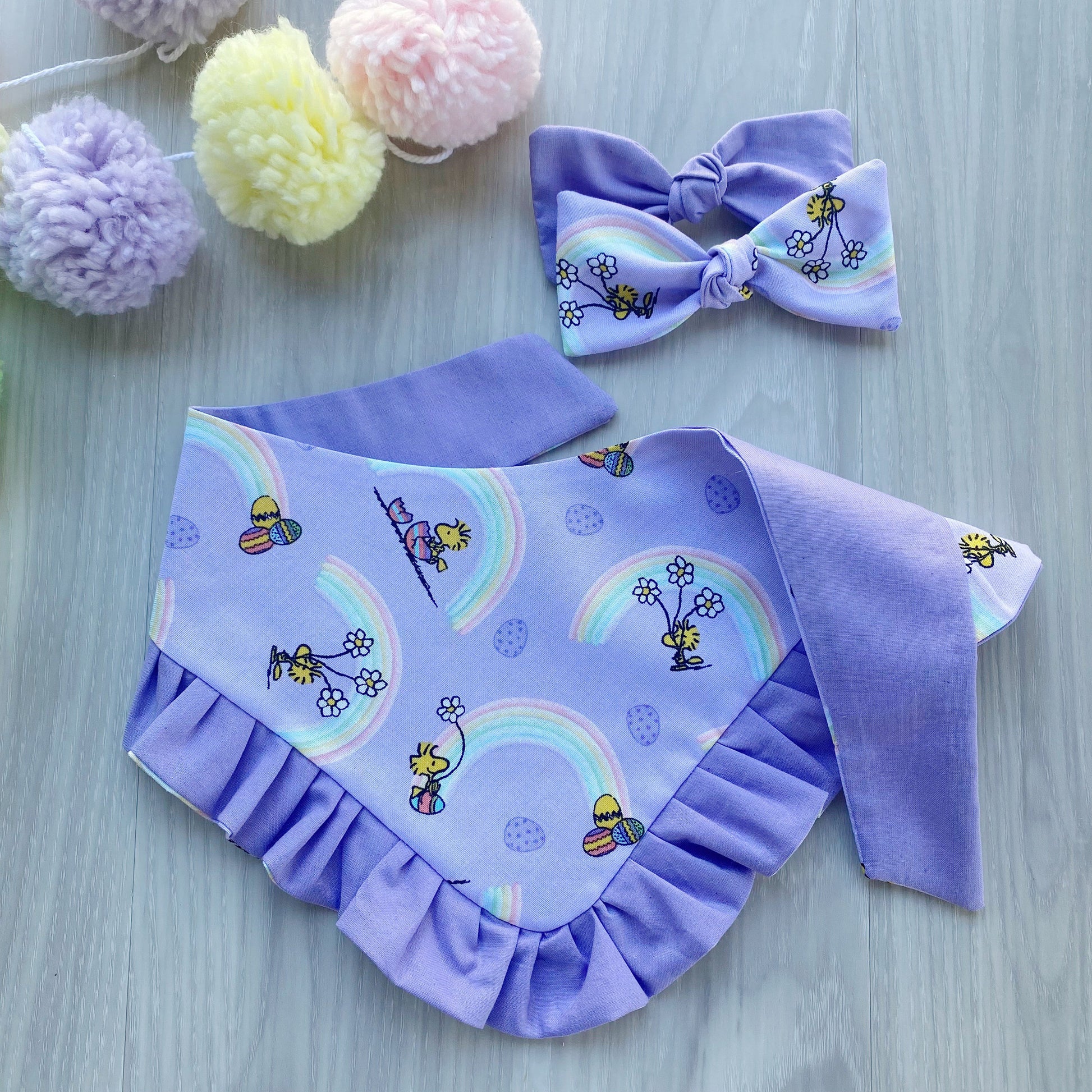Easter Dog Bandana with Ruffles, Matching Bow, Spring Rainbow