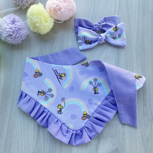 Easter Dog Bandana with Ruffles, Matching Bow, Spring Rainbow