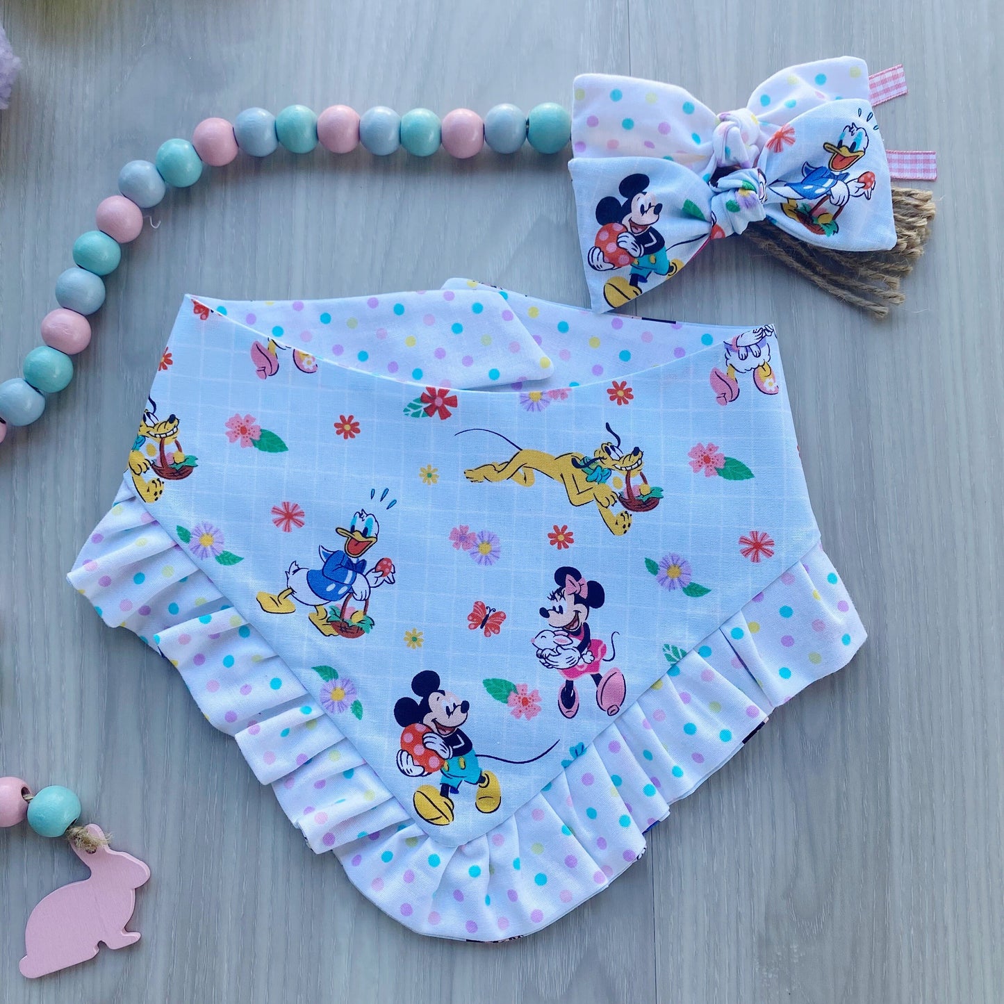 Easter Dog bandana with ruffles, flowers and friends