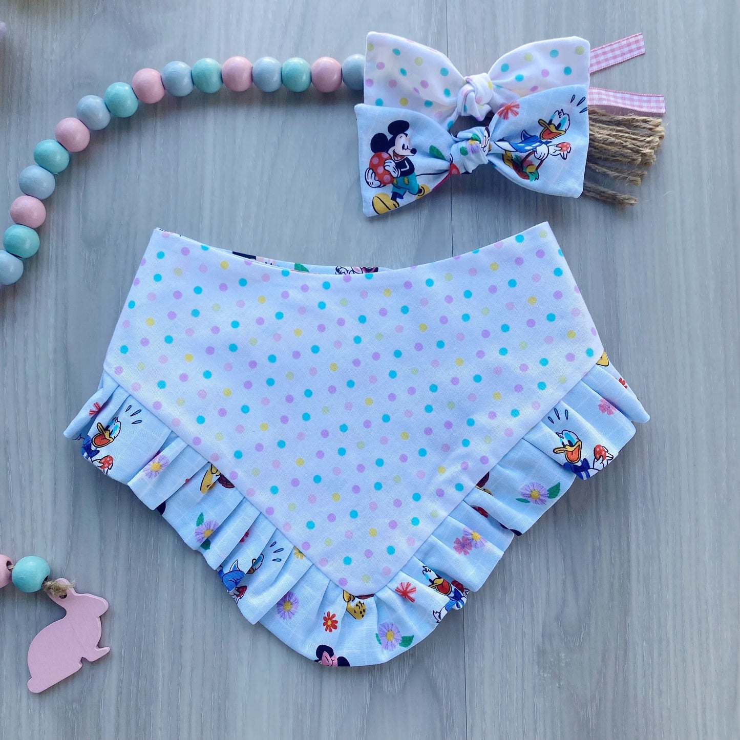 Easter Dog bandana with ruffles, flowers and friends