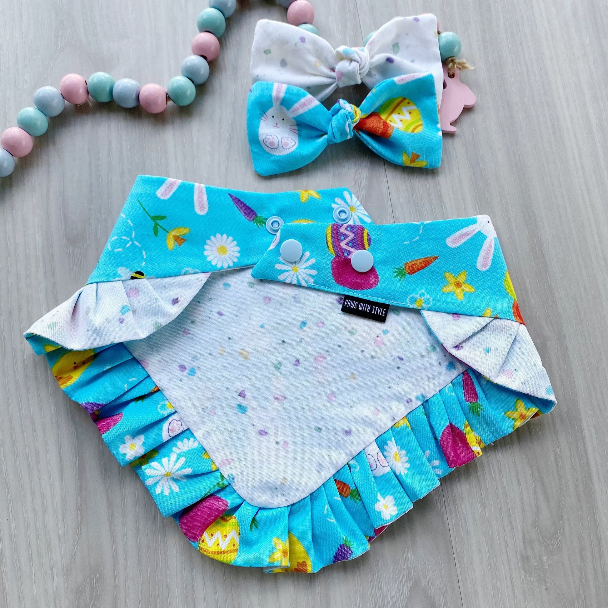 Easter Dog Bandana with Ruffles, Blue Eggs, Bunny, Snap On, Matching Bow