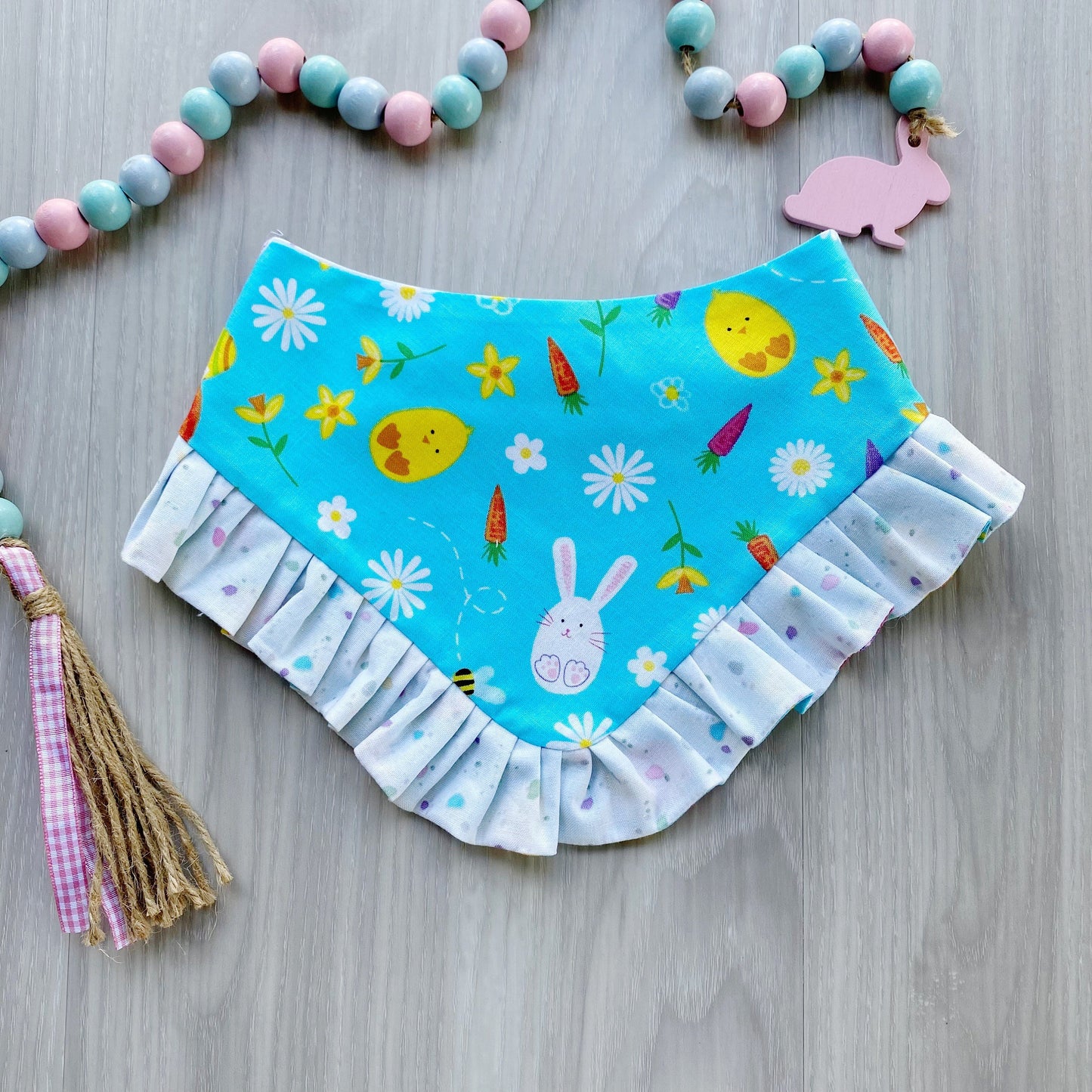 Easter Dog Bandana with Ruffles, Blue Eggs, Bunny, Snap On, Matching Bow