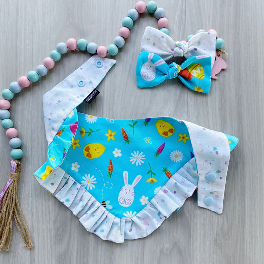 Easter Dog Bandana with Ruffles, Blue Eggs, Bunny, Snap On, Matching Bow