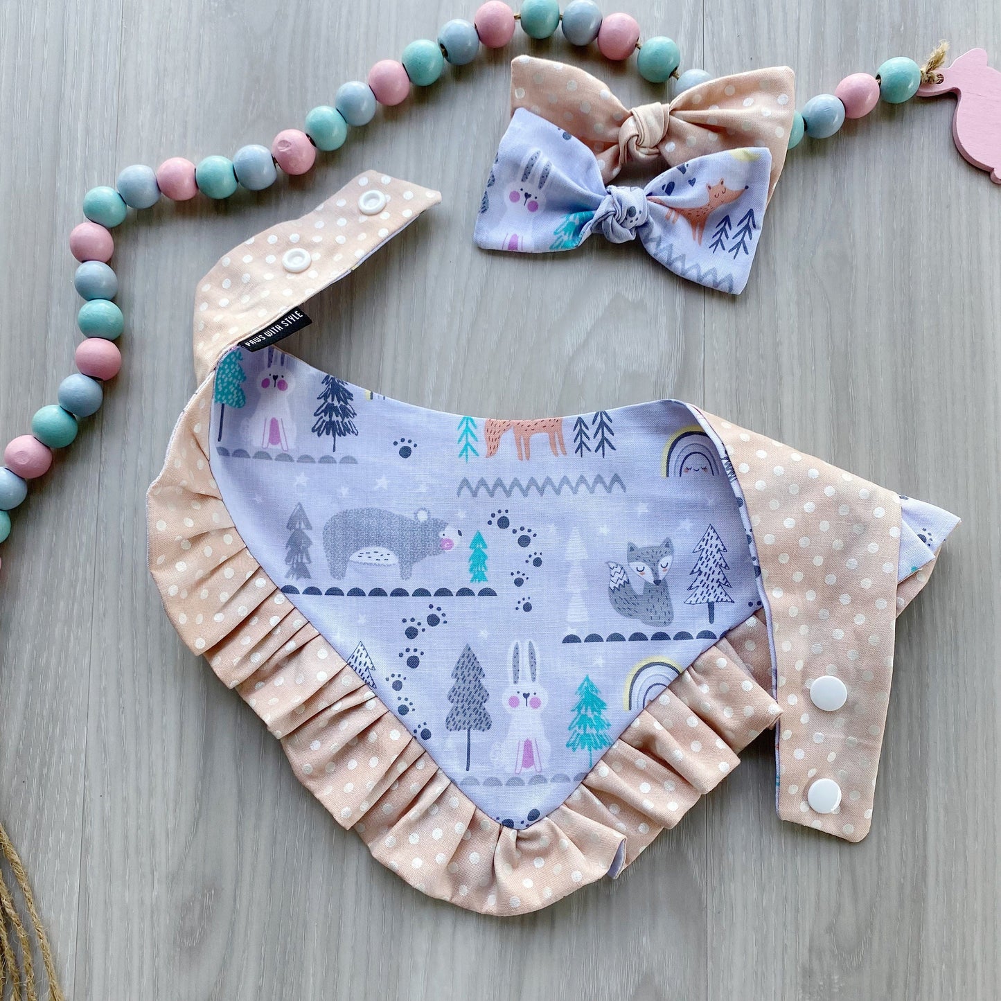 New Spring Dog bandana with ruffles, Snap on Bandana, Matching hair-bow, Bow and Bandana, Floral bandana