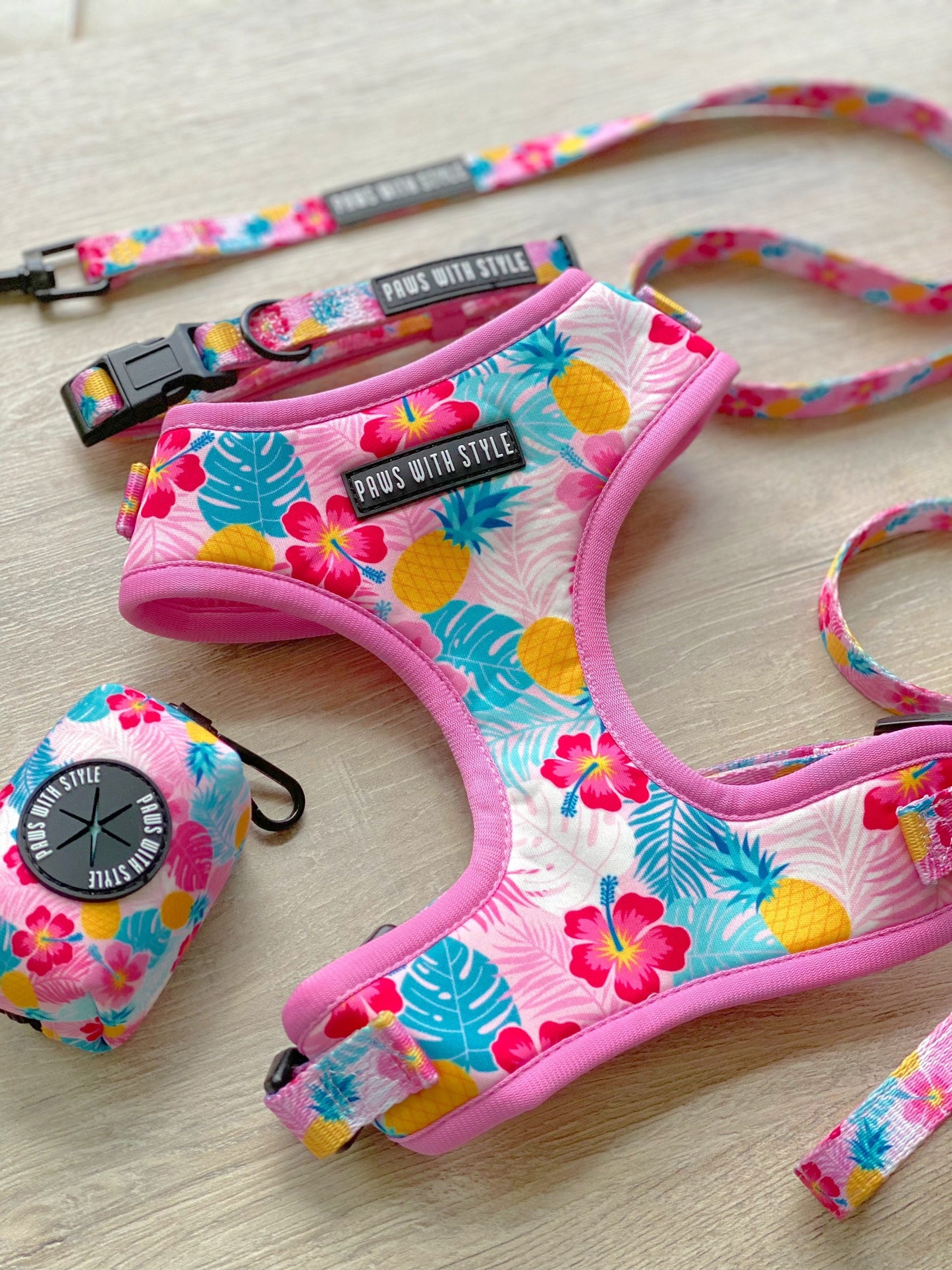 BUNDLE Set Pink Pineapple Dog Adjustable Harness