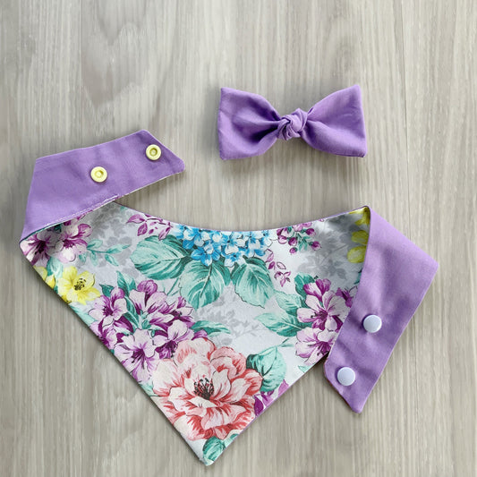 Floral Spring Dog Bandana with Matching Hair Bow, Snap On Reversible Scarf