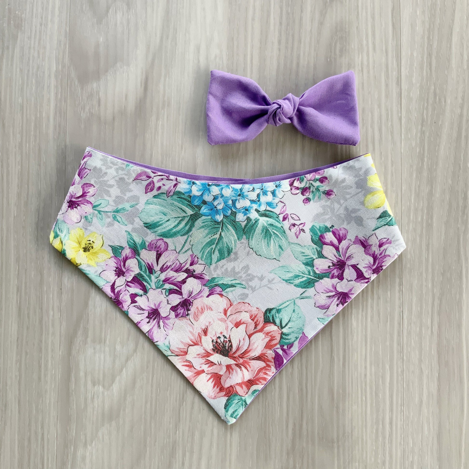 Floral Spring Dog Bandana with Matching Hair Bow, Snap On Reversible Scarf
