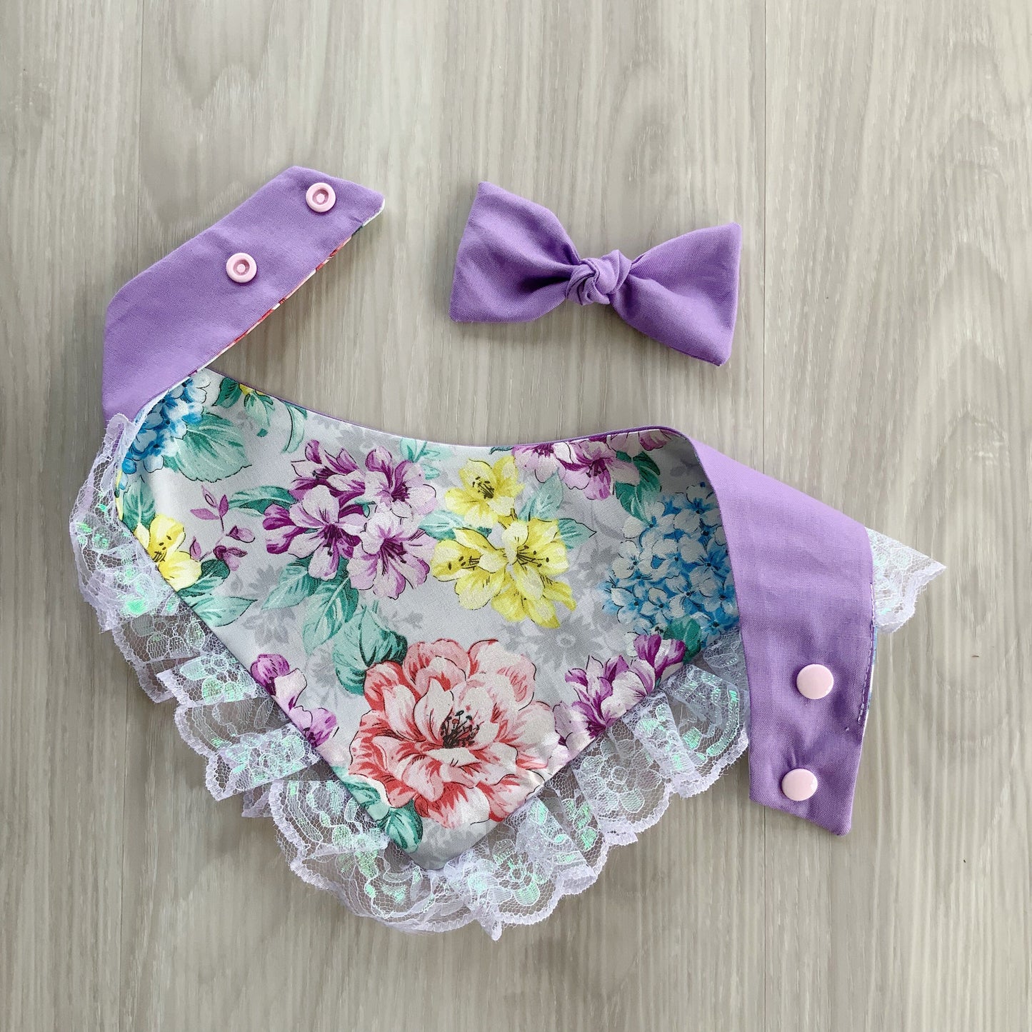 Floral Dog Bandana with Lace, Snap-On Scarf, Matching Bow