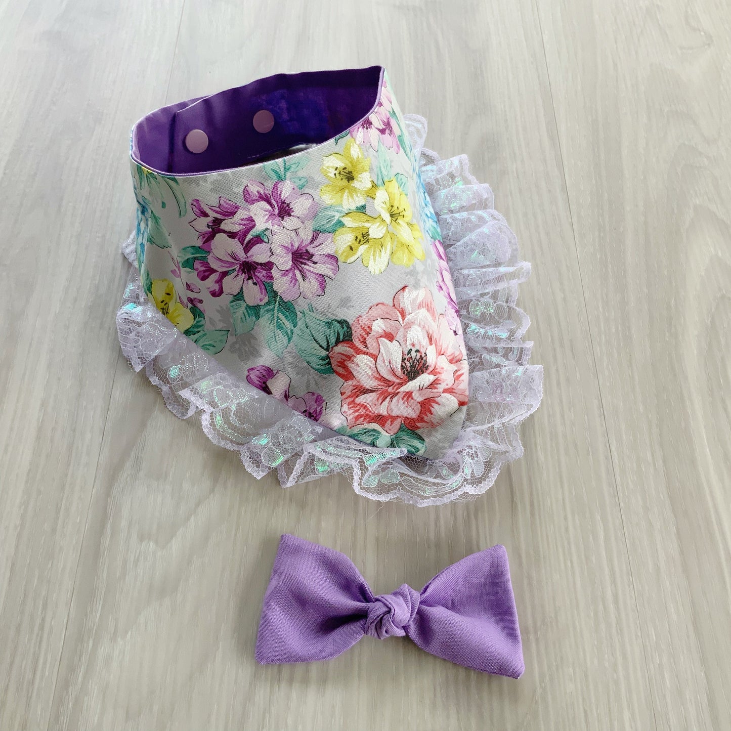 Floral Dog Bandana with Lace, Snap-On Scarf, Matching Bow
