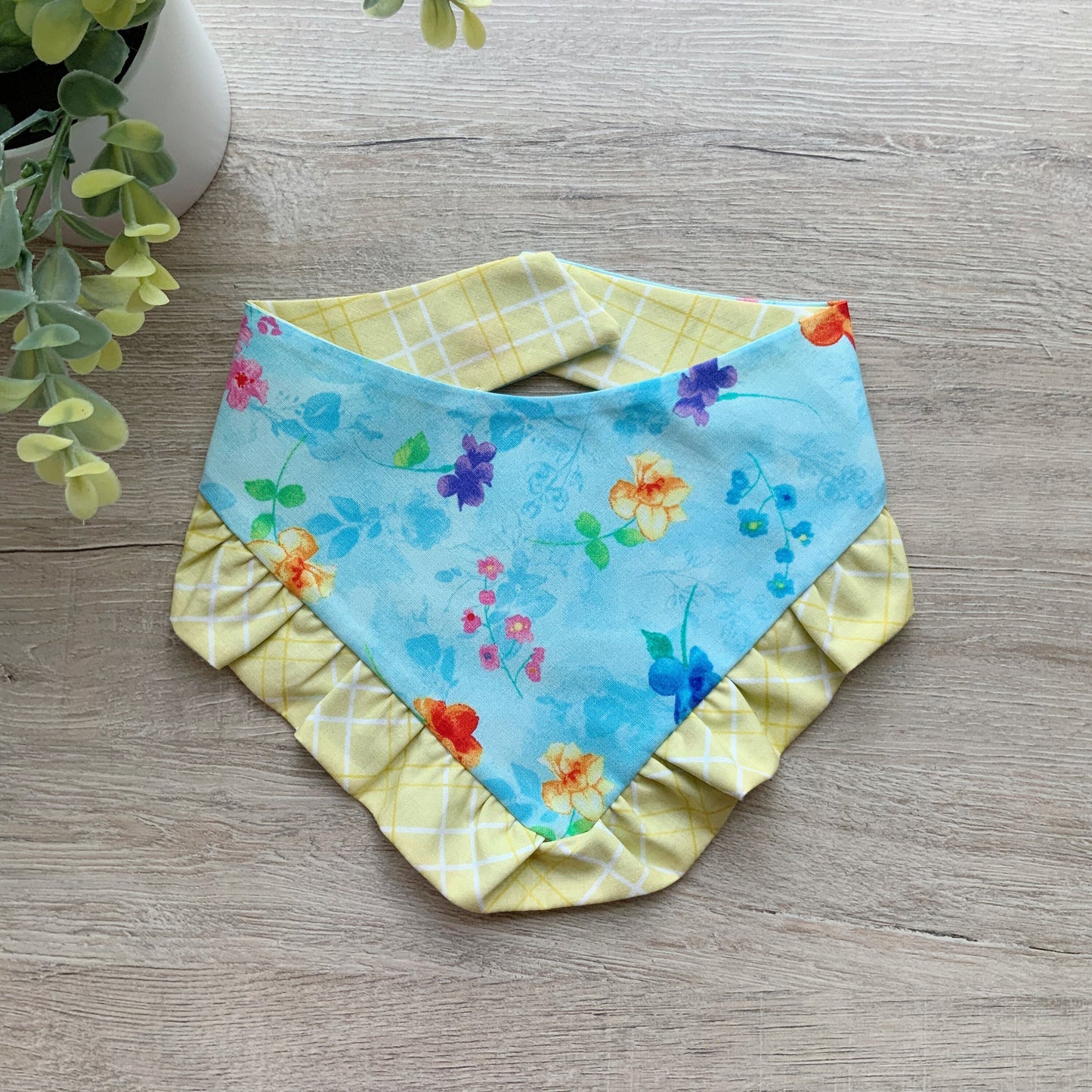 New Spring Dog bandana with ruffles, Blue yellow floral, Snap on Bandana, Matching hair-bow, Bow and Bandana, Floral bandana