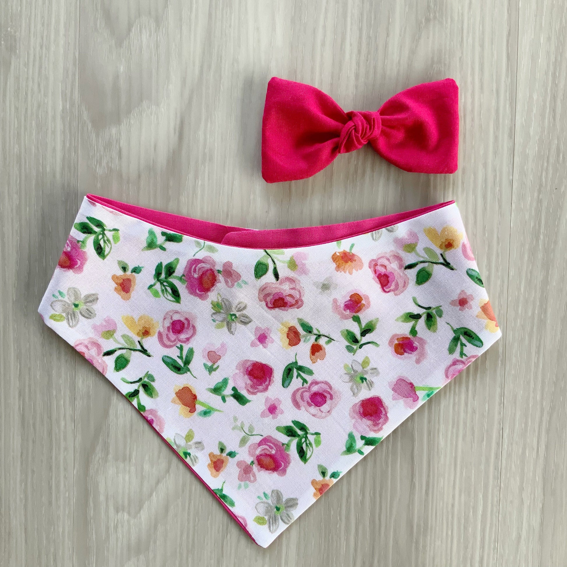 New Spring Dog bandana, Pink Roses Dog scarf, pet accessories, Snap on Bandana, Matching hair-bow, Bow and Bandana, Spring bandana