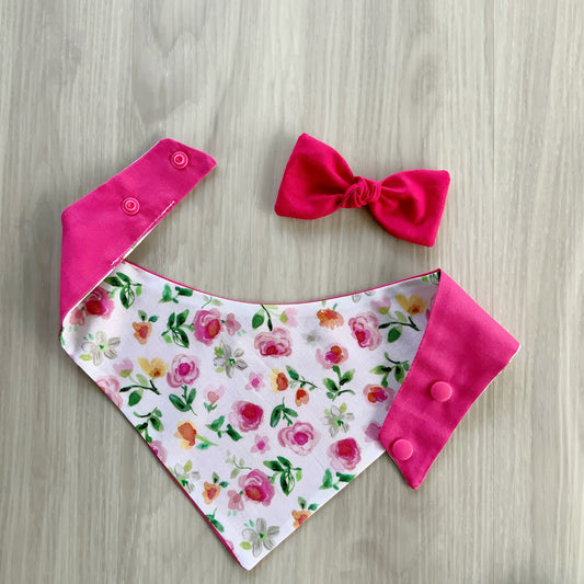 New Spring Dog bandana, Pink Roses Dog scarf, pet accessories, Snap on Bandana, Matching hair-bow, Bow and Bandana, Spring bandana