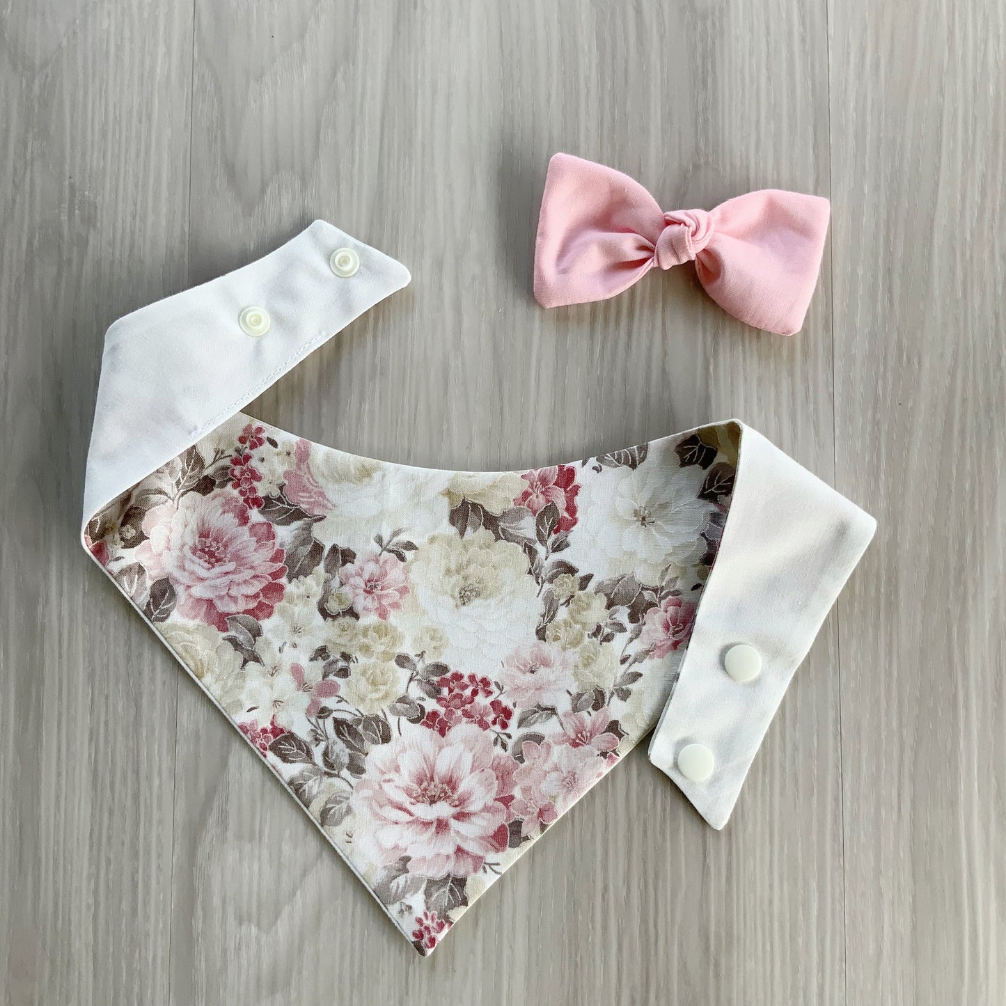 Floral Dog Bandana, Pink Dahlia, Reversible Snap-On Scarf, Matching Hair Bow