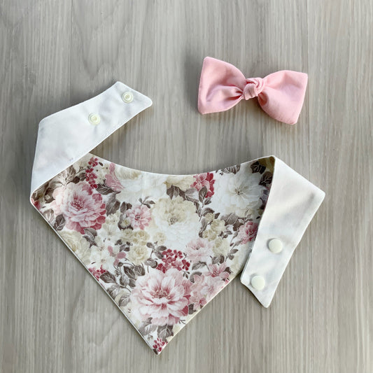 Floral Dog Bandana, Pink Dahlia, Reversible Snap-On Scarf, Matching Hair Bow