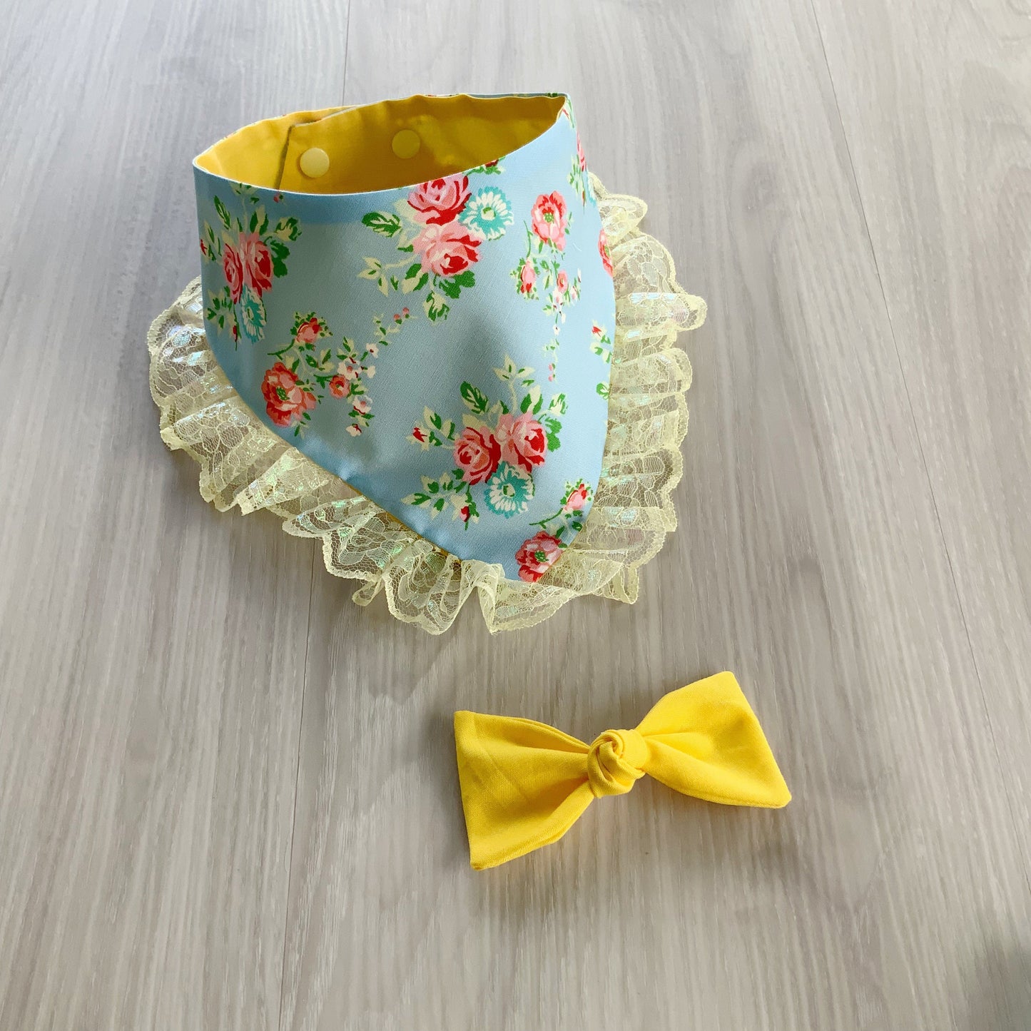New Spring Dog bandana with lace, Blue and Yellow Floral, Snap on Bandana, Matching hair-bow, Bow and Bandana, Floral bandana