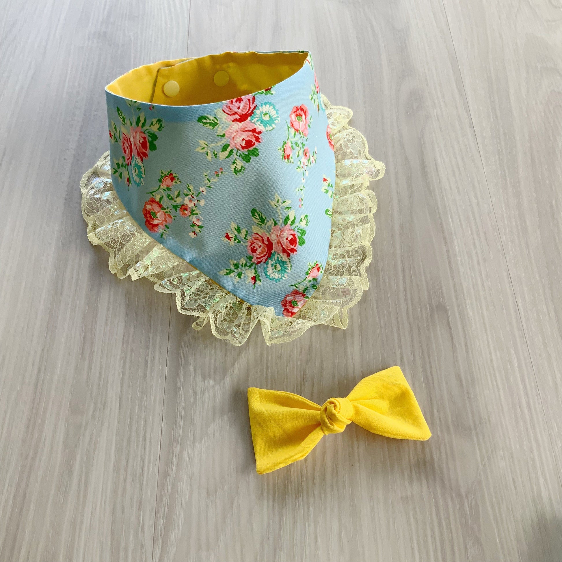 New Spring Dog bandana with lace, Blue and Yellow Floral, Snap on Bandana, Matching hair-bow, Bow and Bandana, Floral bandana
