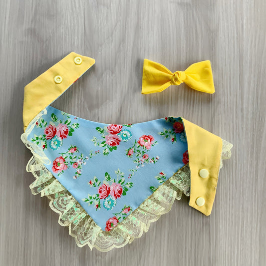 New Spring Dog bandana with lace, Blue and Yellow Floral, Snap on Bandana, Matching hair-bow, Bow and Bandana, Floral bandana