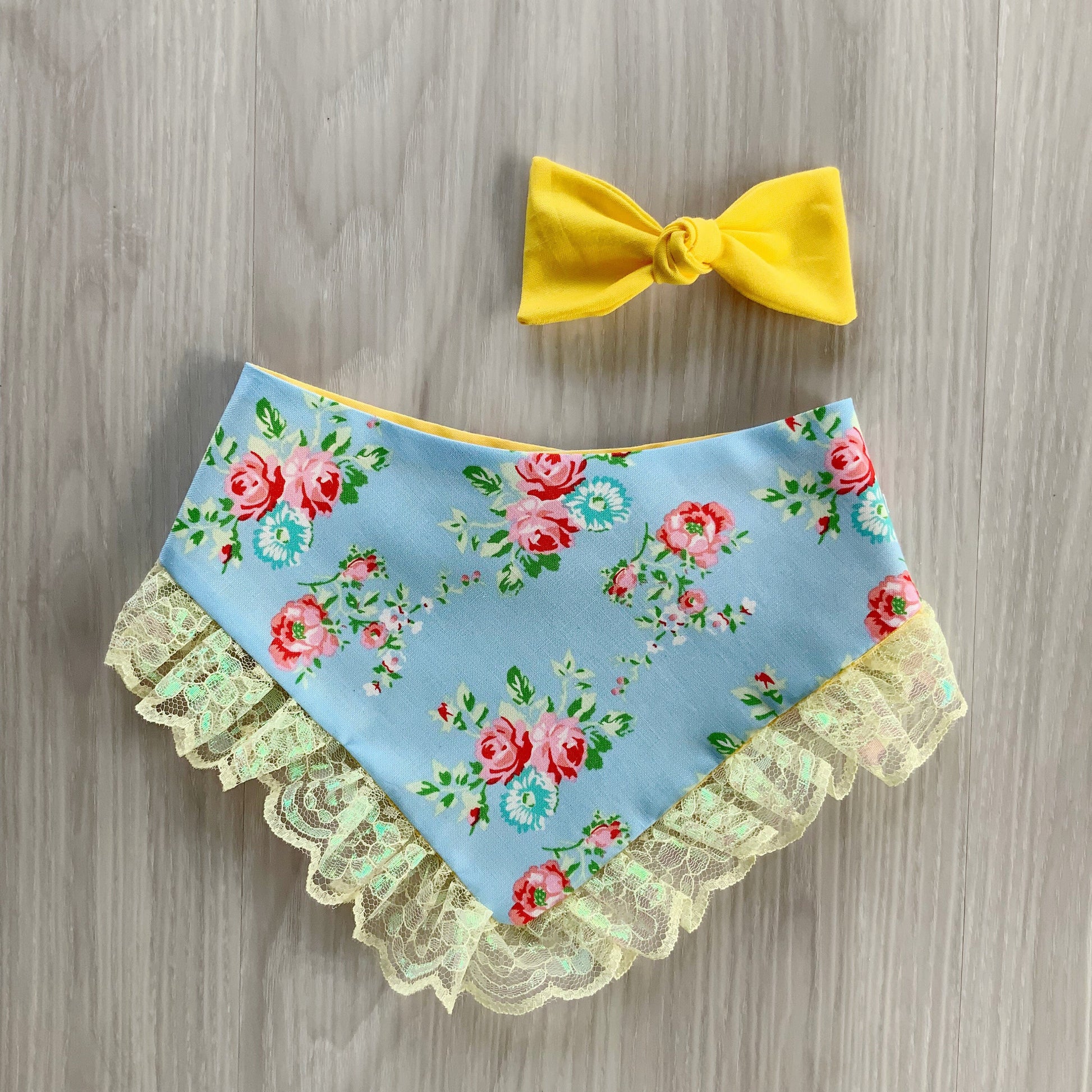 New Spring Dog bandana with lace, Blue and Yellow Floral, Snap on Bandana, Matching hair-bow, Bow and Bandana, Floral bandana