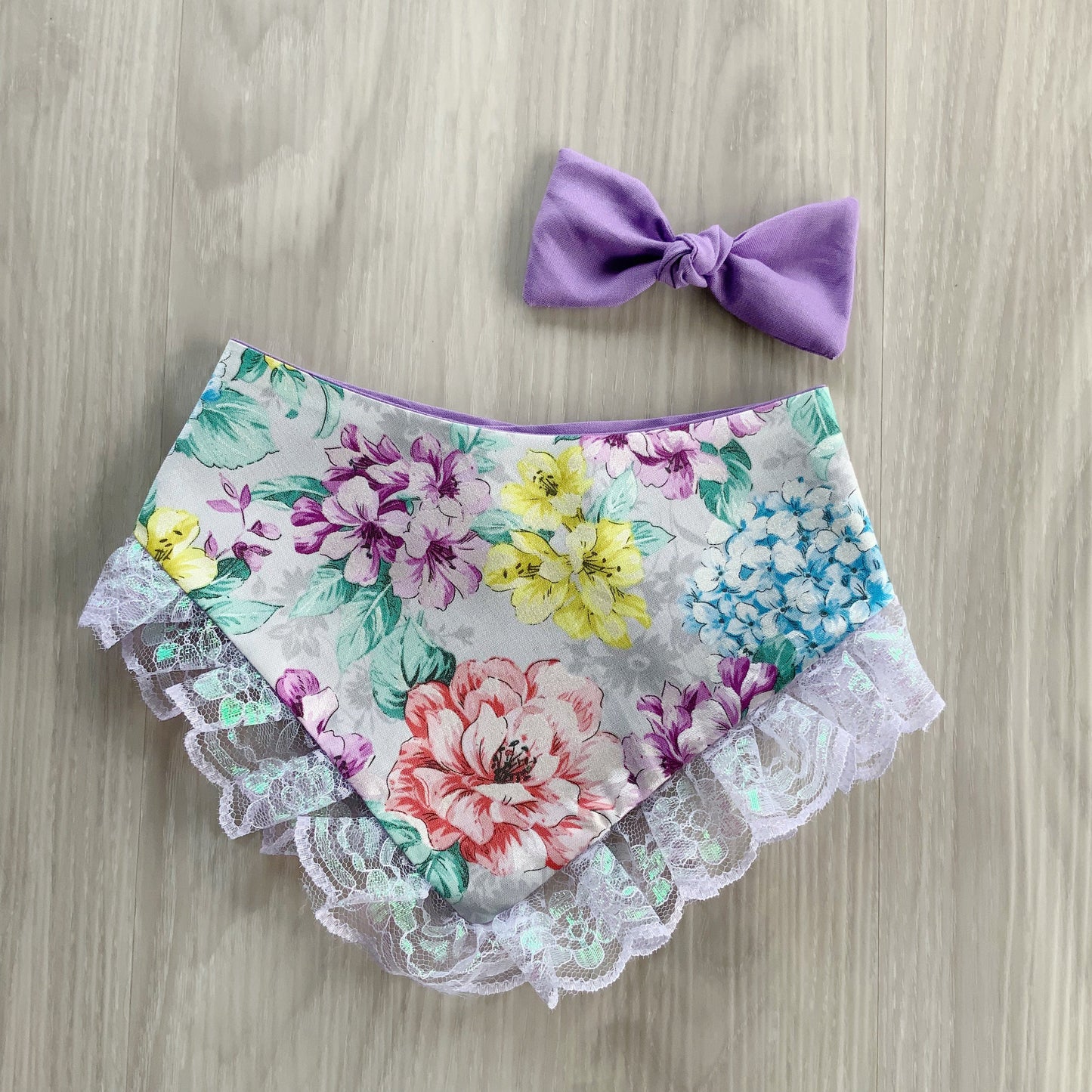 Floral Dog Bandana with Lace, Snap-On Scarf, Matching Bow