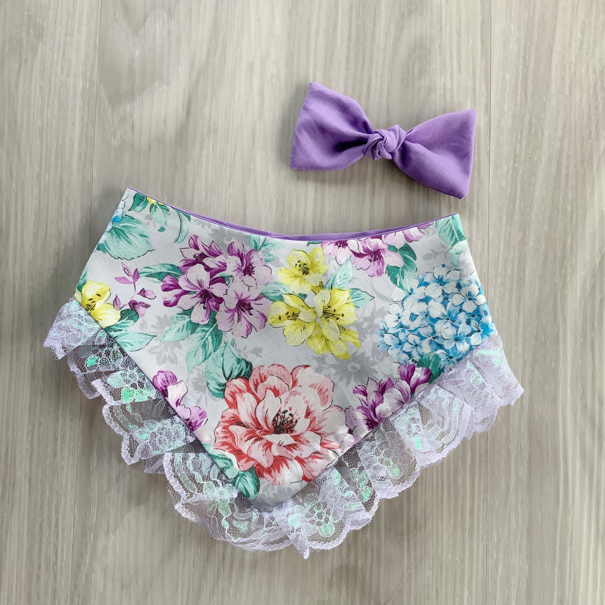 Floral Dog Bandana with Lace, Snap-On Scarf, Matching Bow