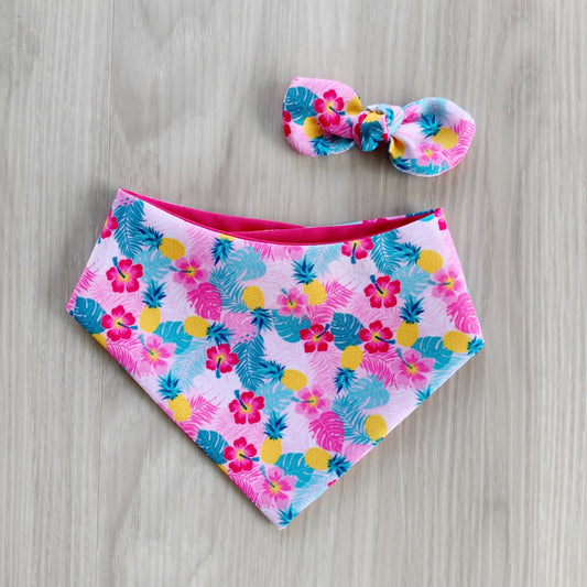 Pink Pineapple Dog bandana, Dog scarf, pet accessories, Snap on Bandana, Matching hair-bow, Bow and Bandana, Spring bandana