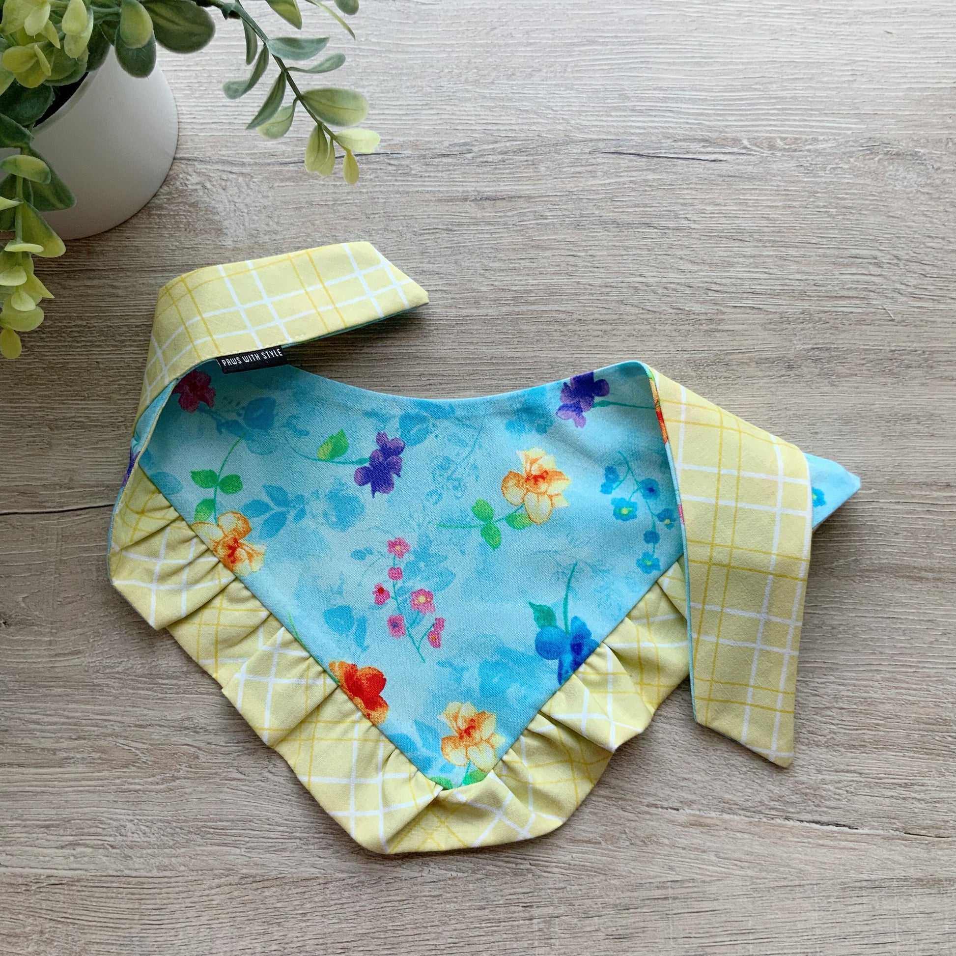 New Spring Dog bandana with ruffles, Blue yellow floral, Snap on Bandana, Matching hair-bow, Bow and Bandana, Floral bandana