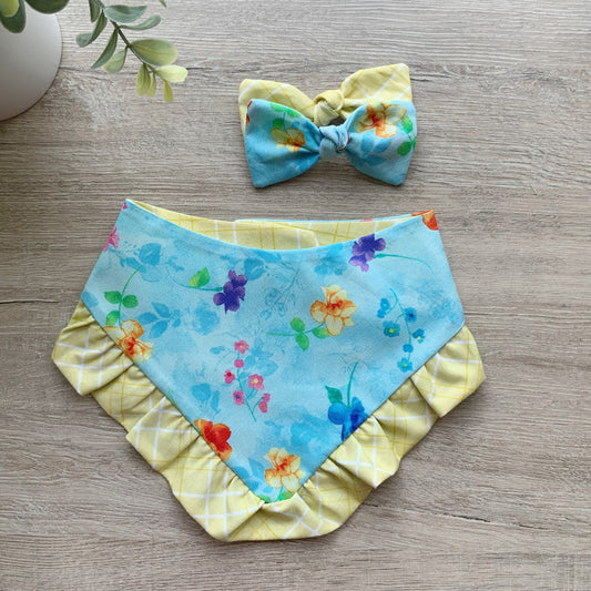 New Spring Dog bandana with ruffles, Blue yellow floral, Snap on Bandana, Matching hair-bow, Bow and Bandana, Floral bandana