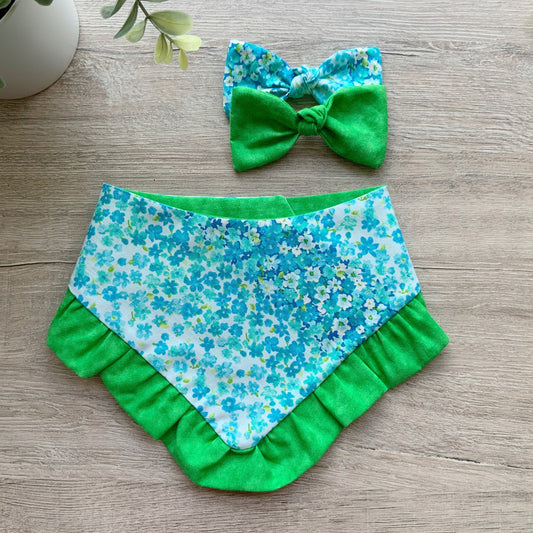 New Spring Dog bandana with ruffles, Green hombre floral, Snap on Bandana, Matching hair-bow, Bow and Bandana, Floral bandana