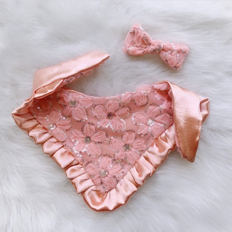 Peach Lace Floral Ruffle Dog Bandana with Matching Bow