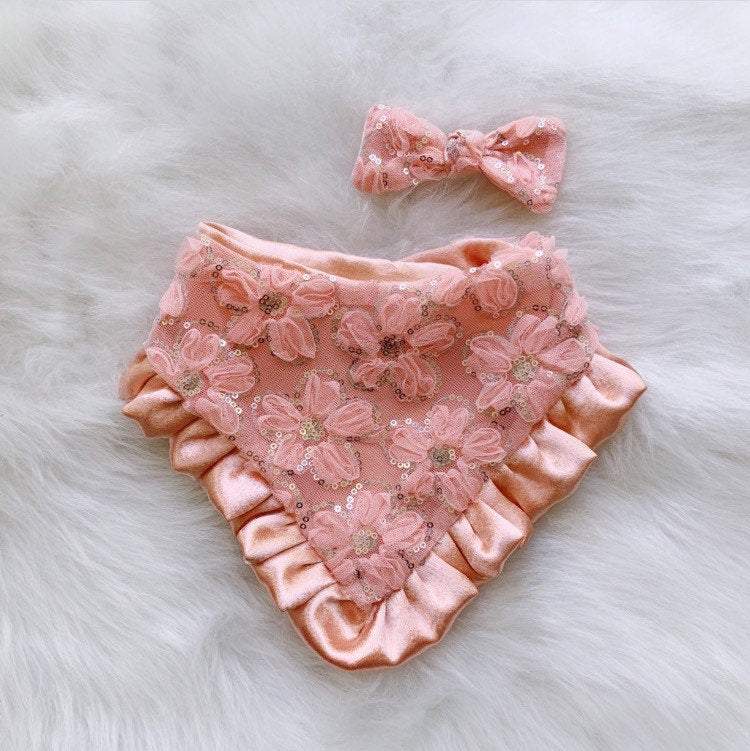 Peach Lace Floral Ruffle Dog Bandana with Matching Bow