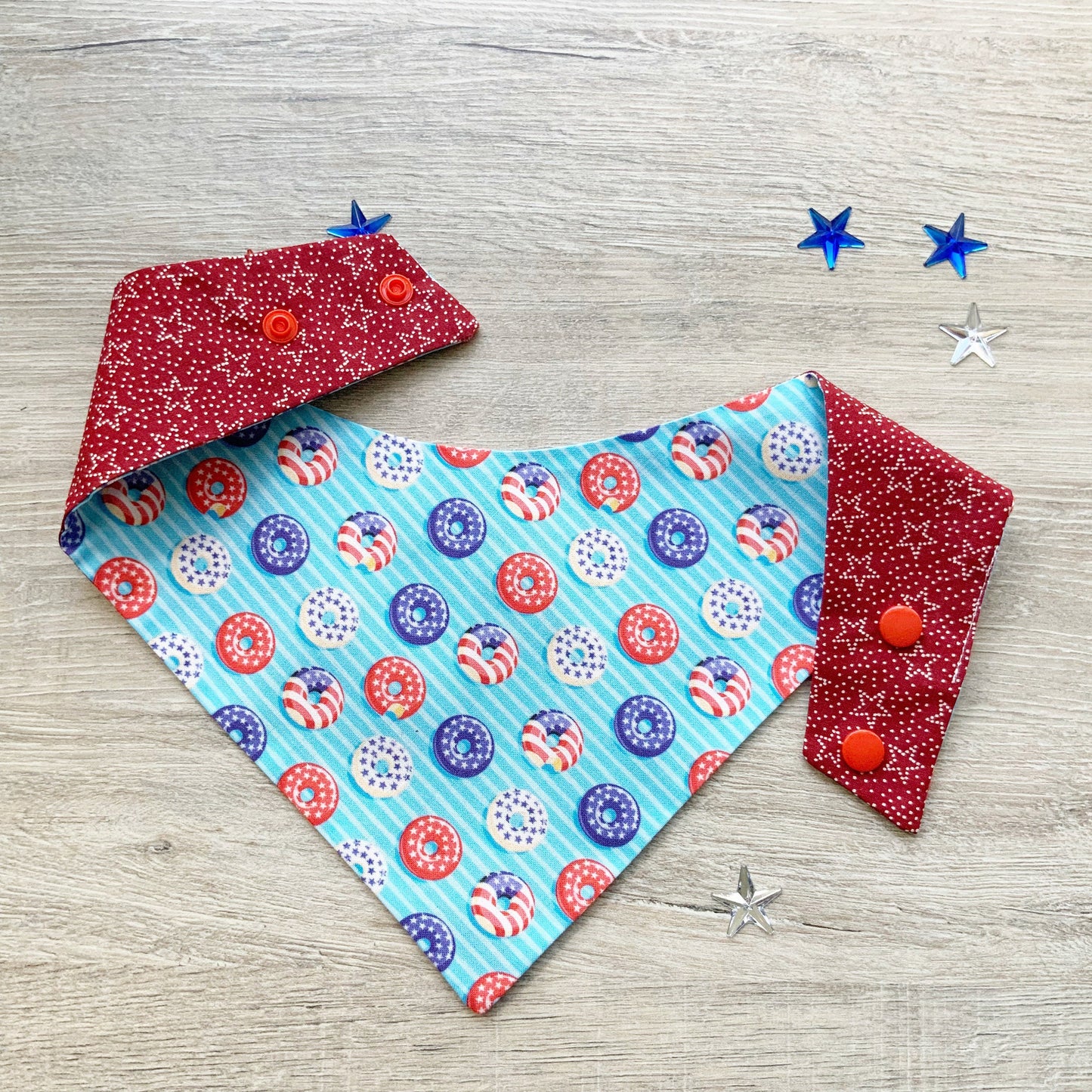 Patriotic Dog Bandana, Donuts and Stars, Snap-On Pet Scarf