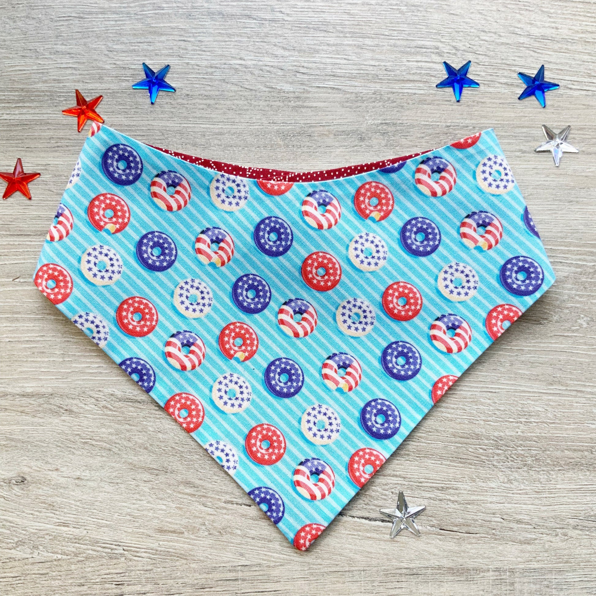 Patriotic Dog Bandana, Donuts and Stars, Snap-On Pet Scarf