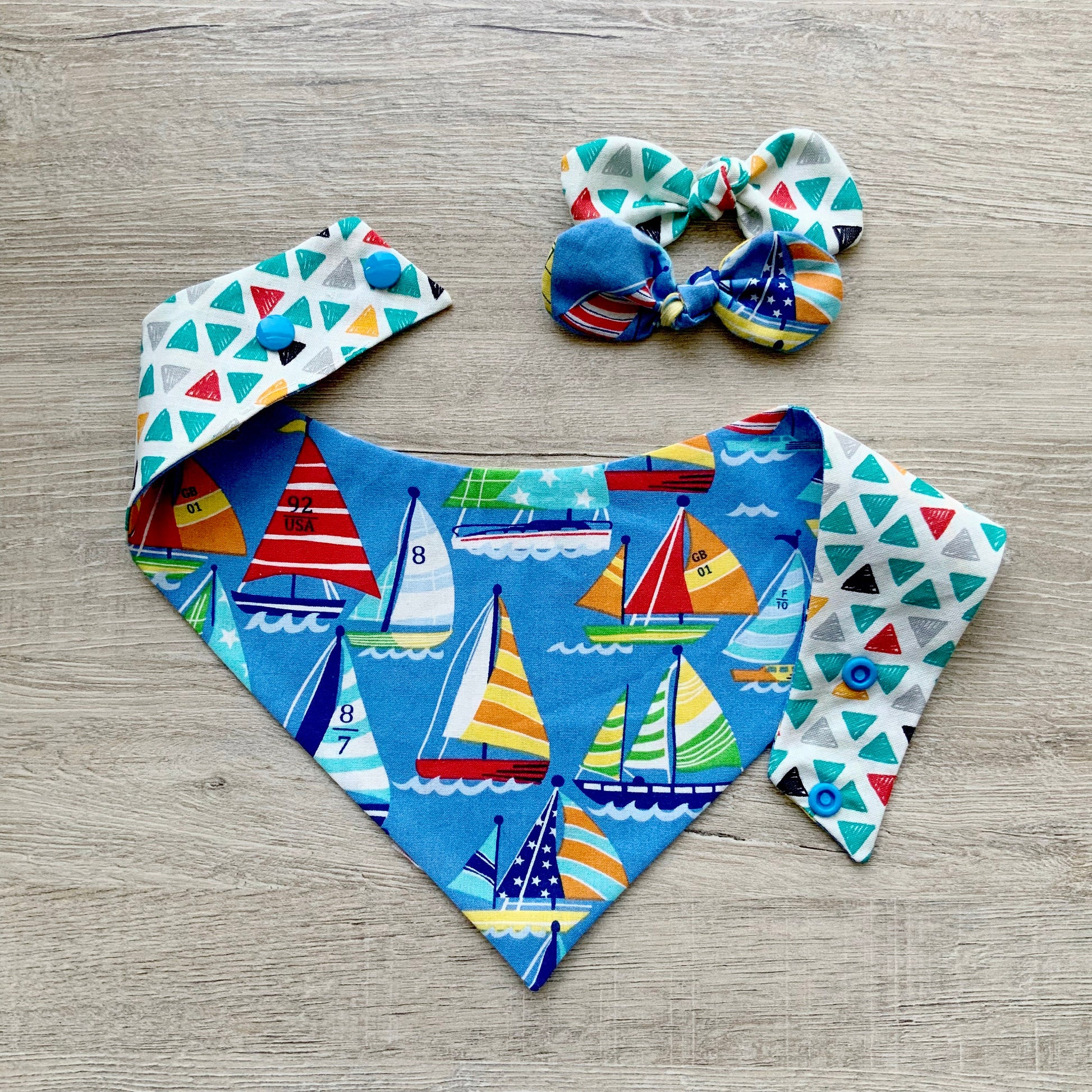 Nautical Sailboat Dog Bandana, Reversible Snap-On Pet Scarf